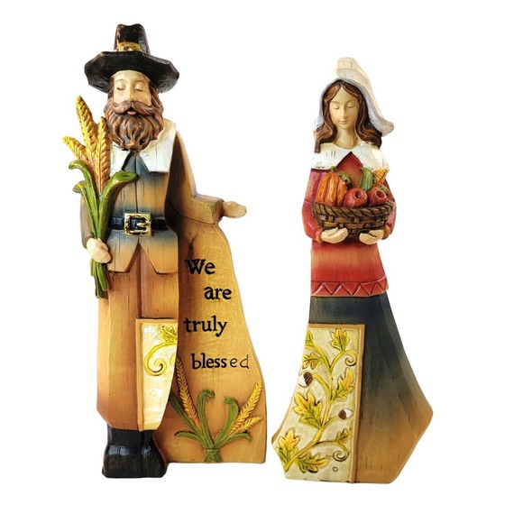 Roman Other - Thanksgiving Pilgrim Set "We are Truly Blessed" Resin Figurine 9" tall EUC